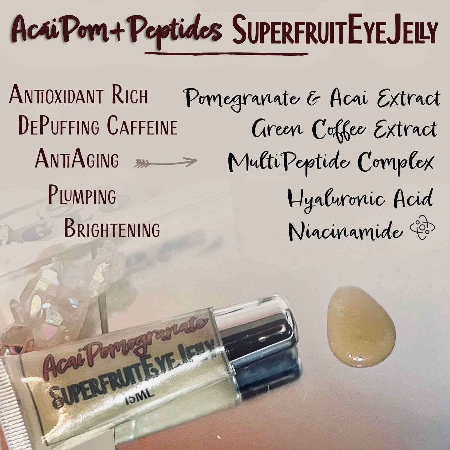 Acai-Pom Peptide Eye Gel w/Peptides, Fruit Extracts, Hyaluronic Acid, Caffeine • Tightening Anti-Aging Under-Eye Moisturizer