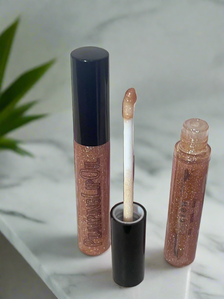 HoneyGlow Plumping Lip Oil w/ Honey, Vitamin C, Hyaluronic Acid, CoQ10 • Non-Sticky High-Gloss Sparkle - All-Natural Plumping Lip Gloss