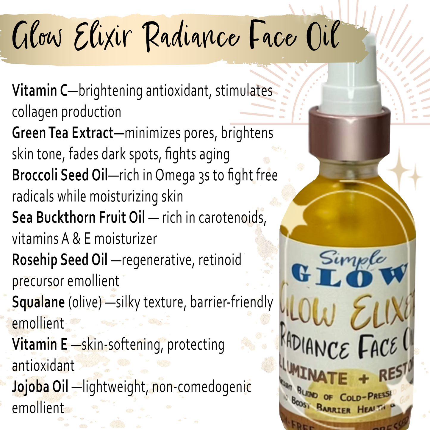 Glow Elixir Radiance Face Oil bottle with ingredient list on a decorative background