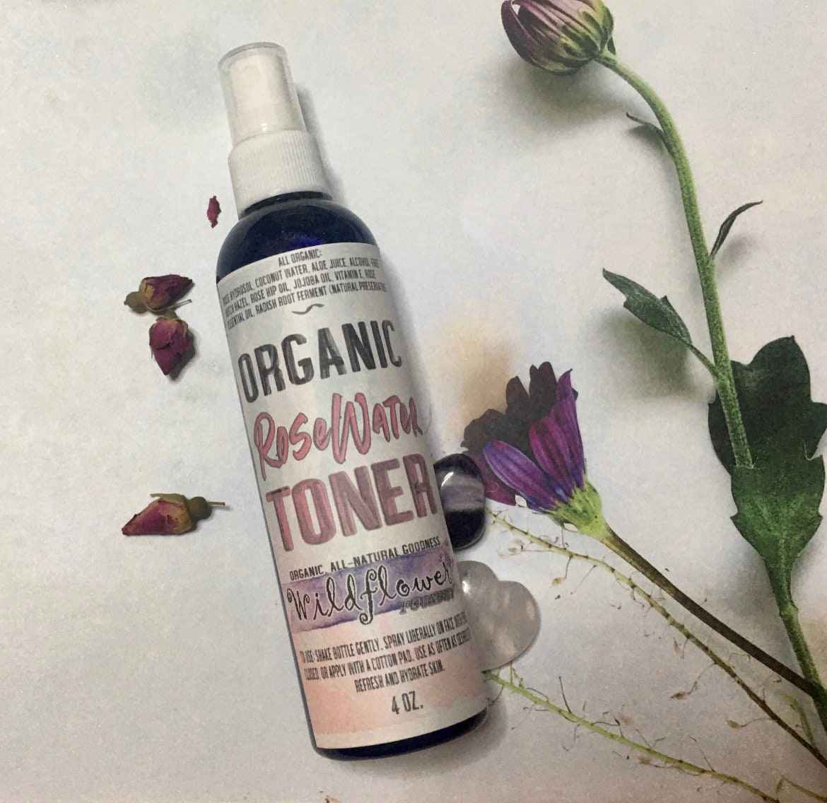 Organic RoseWater Toner - Rose Hydrosol, Coconut Water, Rose Hip Oil • Hydrate, Tone, Refresh Spray