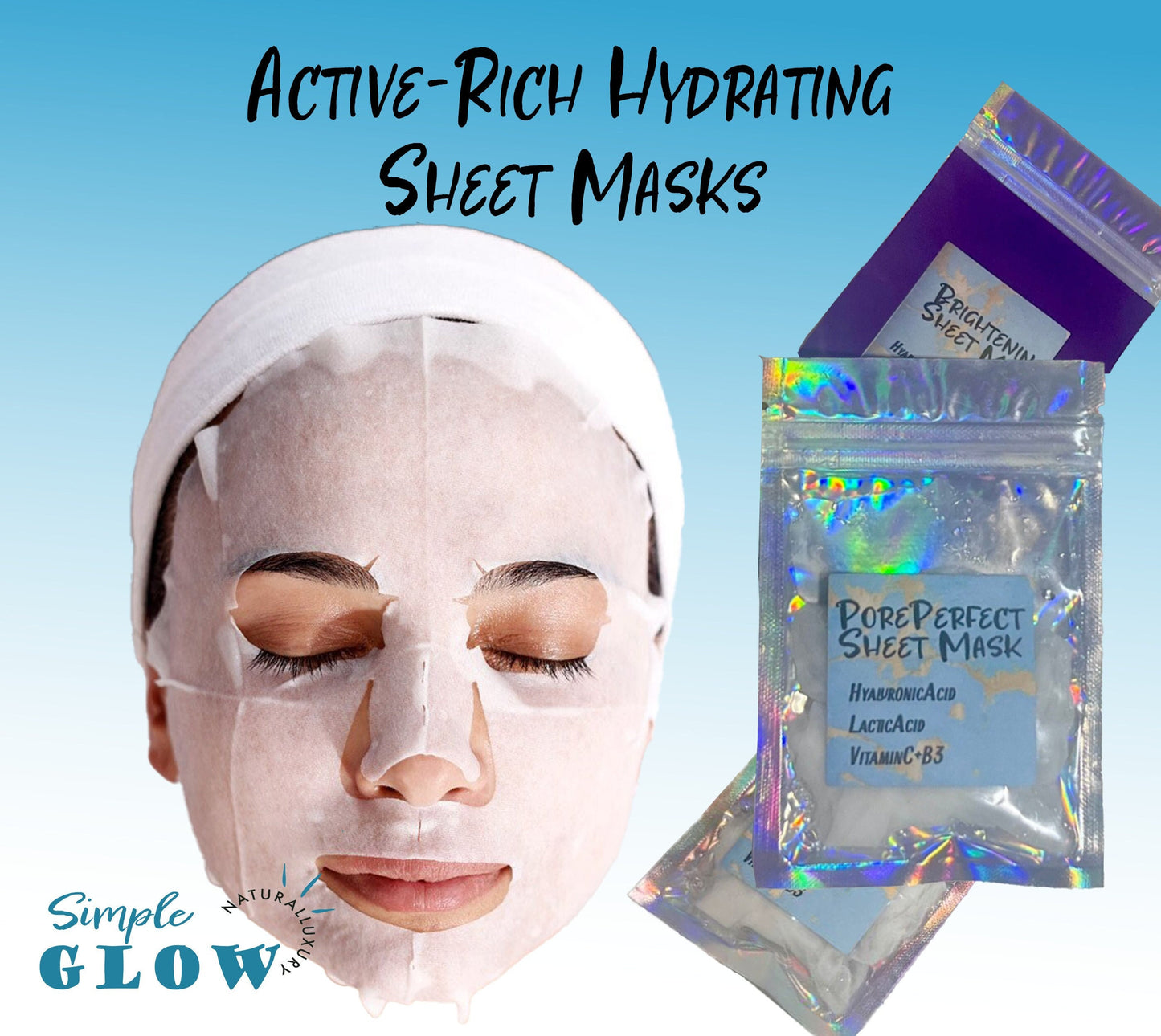 Packaging of Simple Glow's Active Hydrating Sheet Masks with one mask applied to a person's face, showcasing various product options.