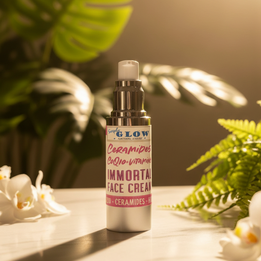 A bottle of Simple Glow Ceramides Bio-Active Immortal Face Cream stands on a reflective white surface, surrounded by green tropical leaves and white orchids under warm, directional sunlight.