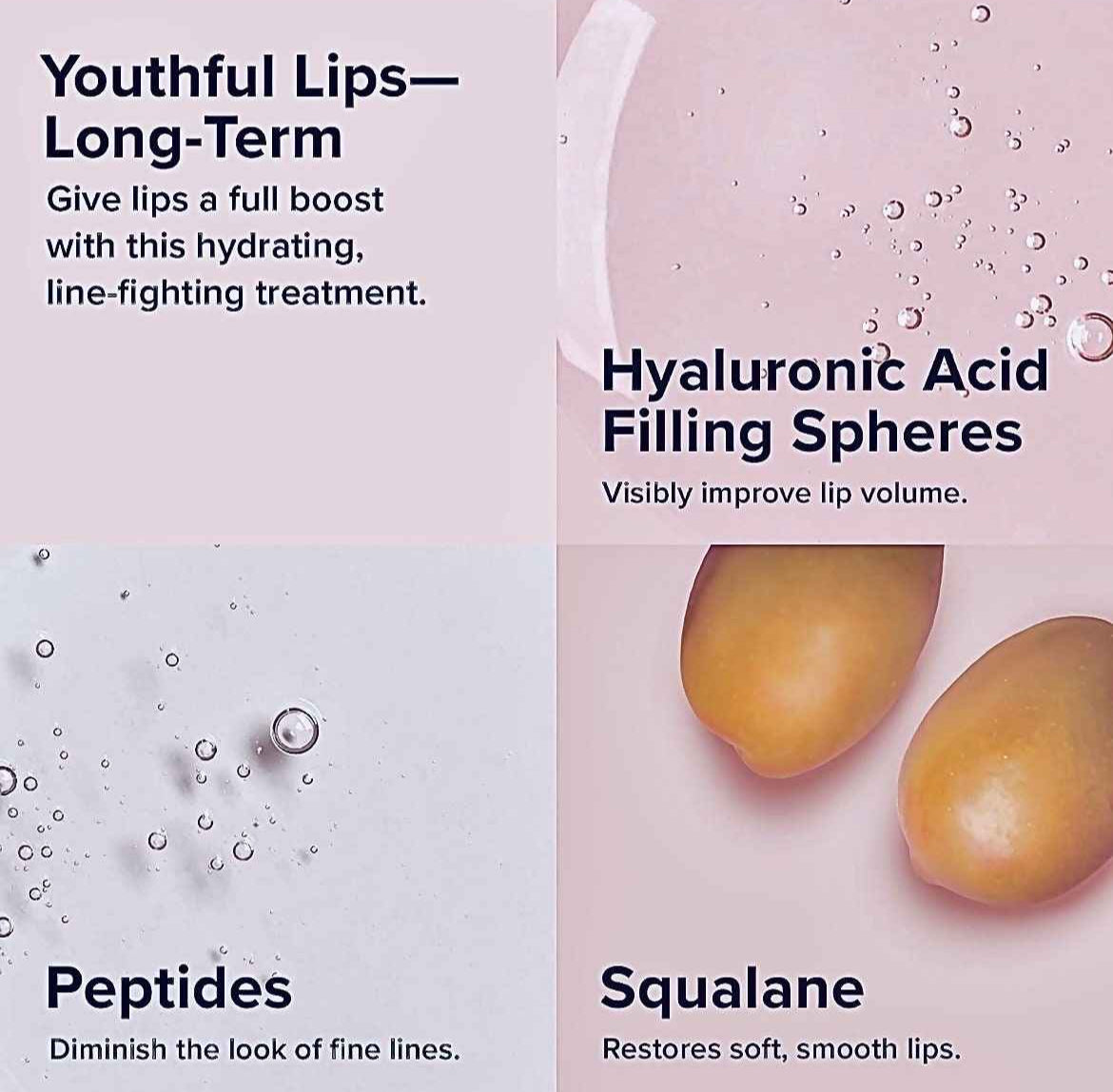 Lip care product packaging with text about youthful lips, hyaluronic acid, peptides, and squalane on a pink background.