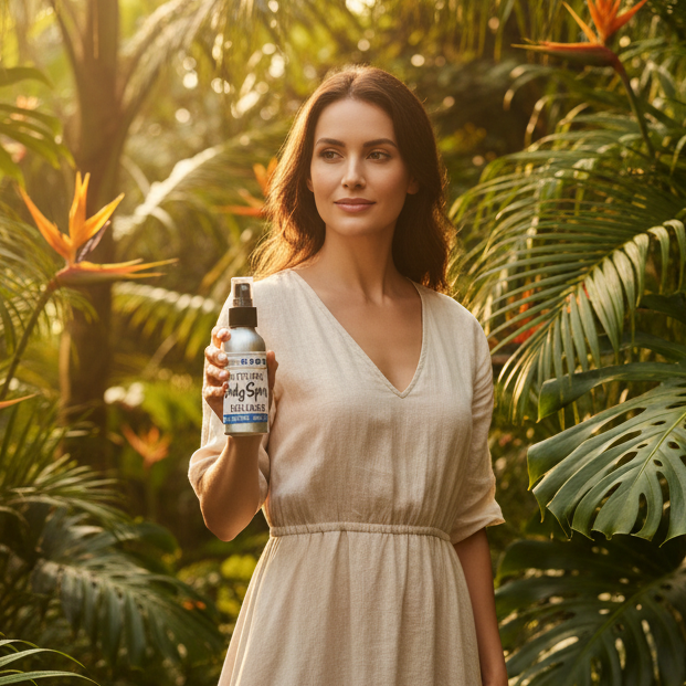 A woman in a beige linen dress stands in a lush tropical garden holding a small bottle, surrounded by green foliage and colorful flowers.