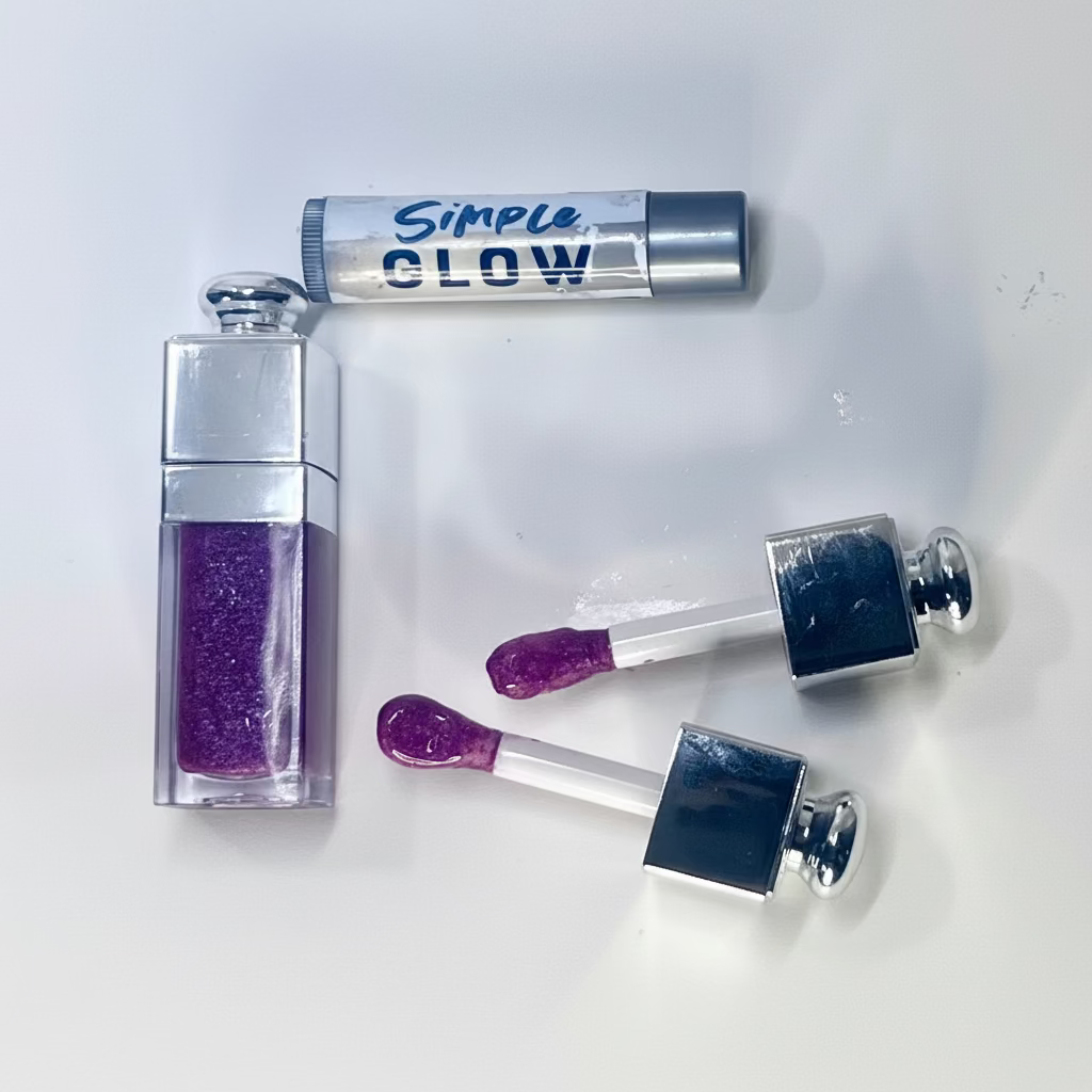 Pink glittery lip gloss set with 'Simple Glow' packaging on a white background
