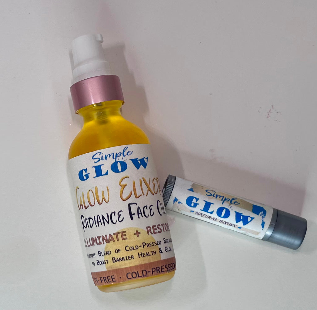 Bottle and tube of 'Simple Glow' products on a white background