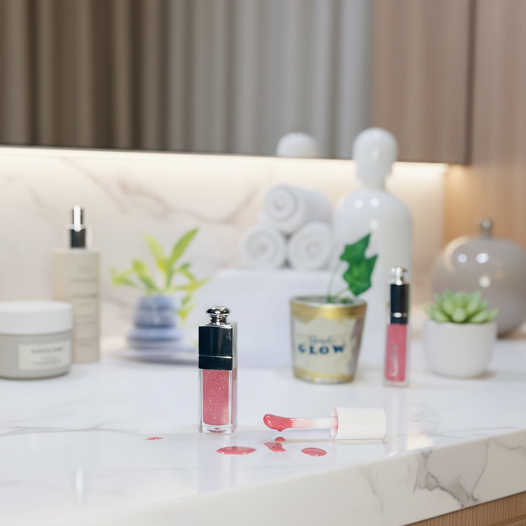 Pink lip gloss with applicator on a white surface, blurred background