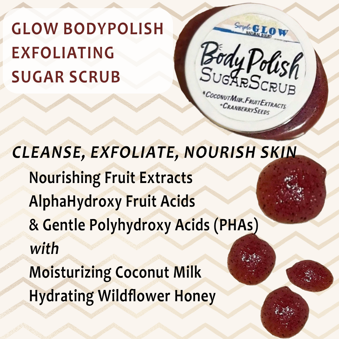 Body Polish exfoliating sugar scrub with ingredients listed on a patterned background