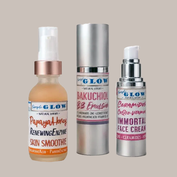 Skin Cycling Kit by Simple Glow: Papaya-Honey Skin Smoothie, Bakuchiol-B3 ClearSkin Emulsion and IMMORTAL Face Cream