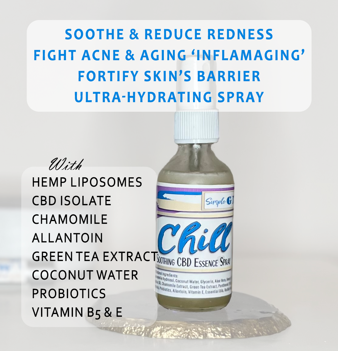 Green Tea + CBD Soothing Essence Spray w/Hemp Liposomes, Chamomile - Calming + Anti-Aging Hydration Face Spray
