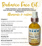 Radiance Face Oil bottle with product details on a white background