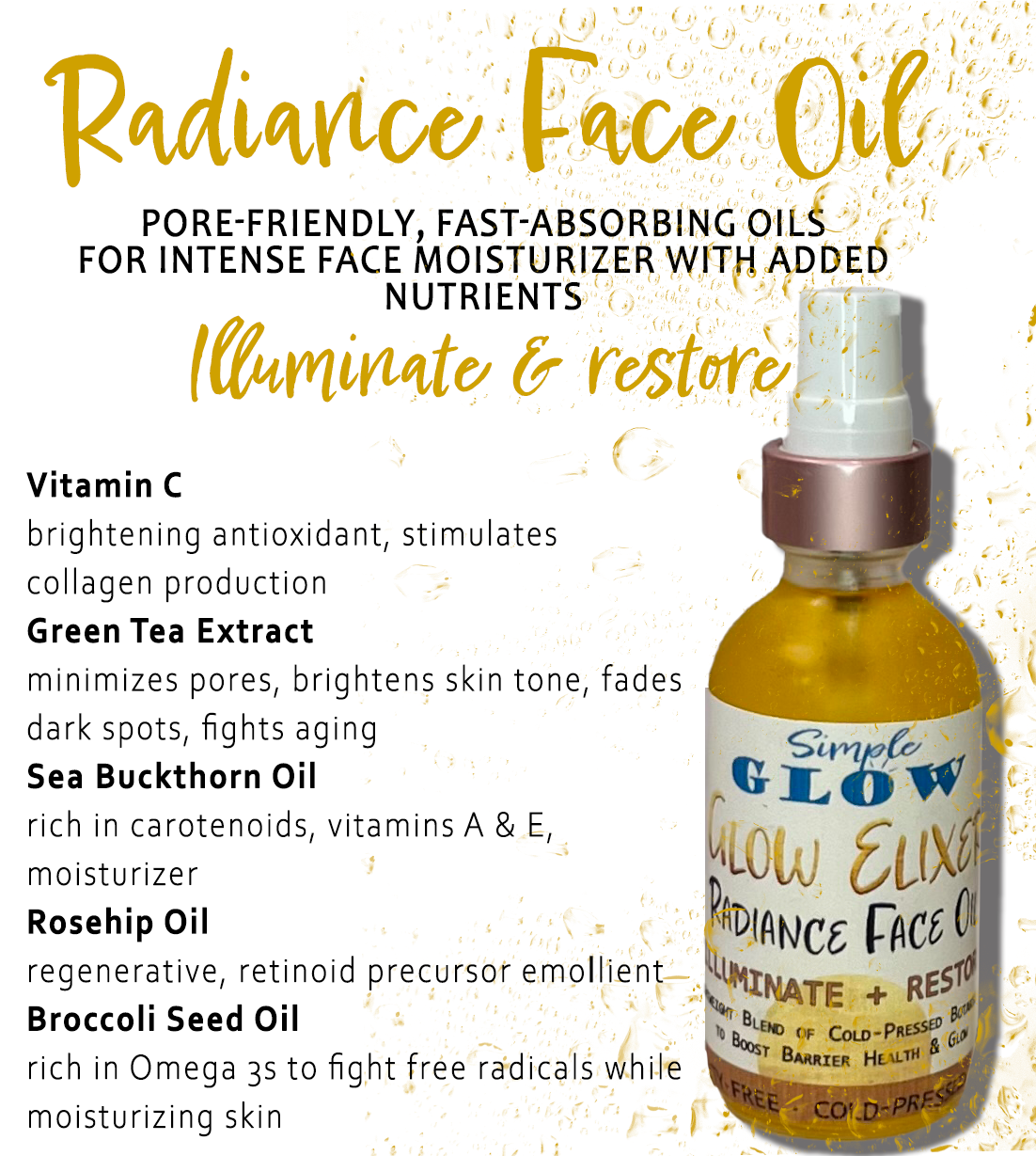 Radiance Face Oil bottle with product details on a white background