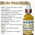 Glow Elixir Radiance Face Oil bottle with ingredient list on a decorative background