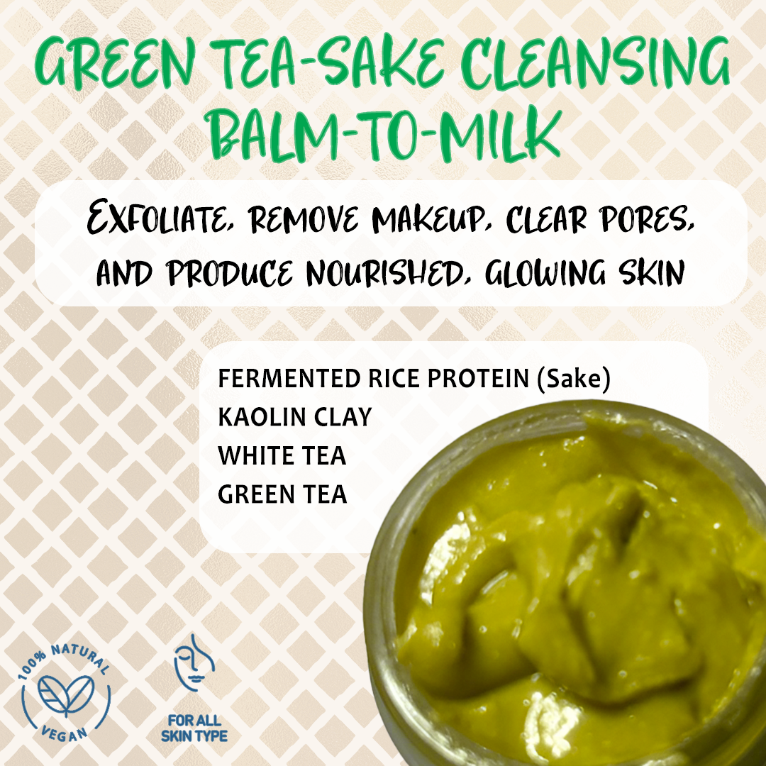 Green tea-sake cleansing balm-to-milk with text on a patterned background