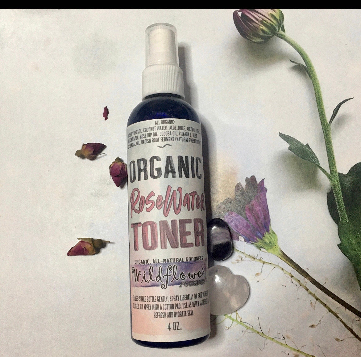 Organic RoseWater Toner w/ Rose Hydrosol, Coconut Water, RoseHip Oil | Hydrate, Tone, Refresh Facial Skin