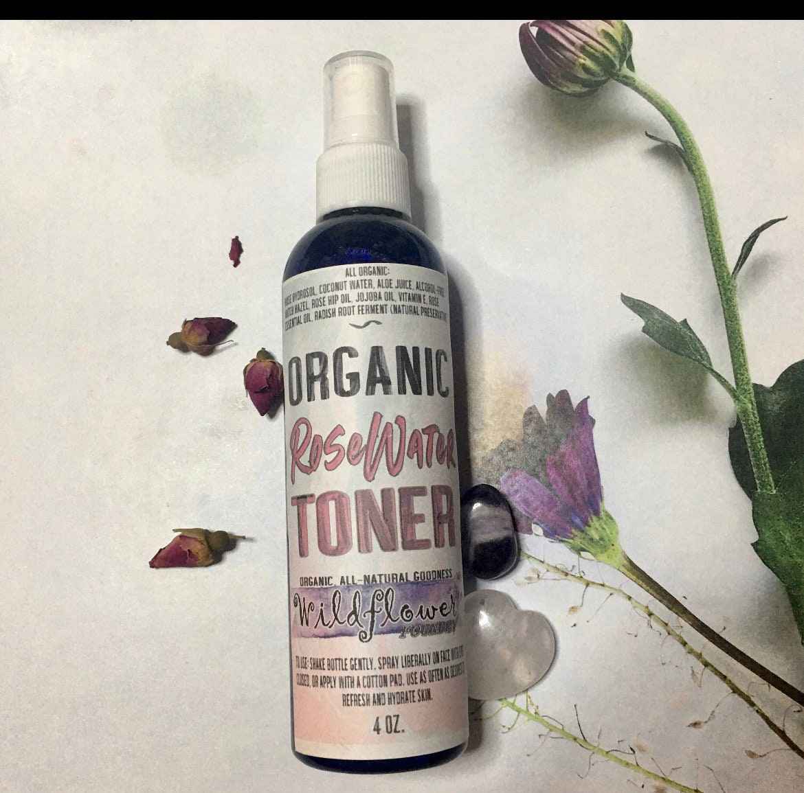 Organic RoseWater Toner -  Rose Hydrosol, Coconut Water, Rose Hip Oil • Hydrate, Tone, Refresh Spray