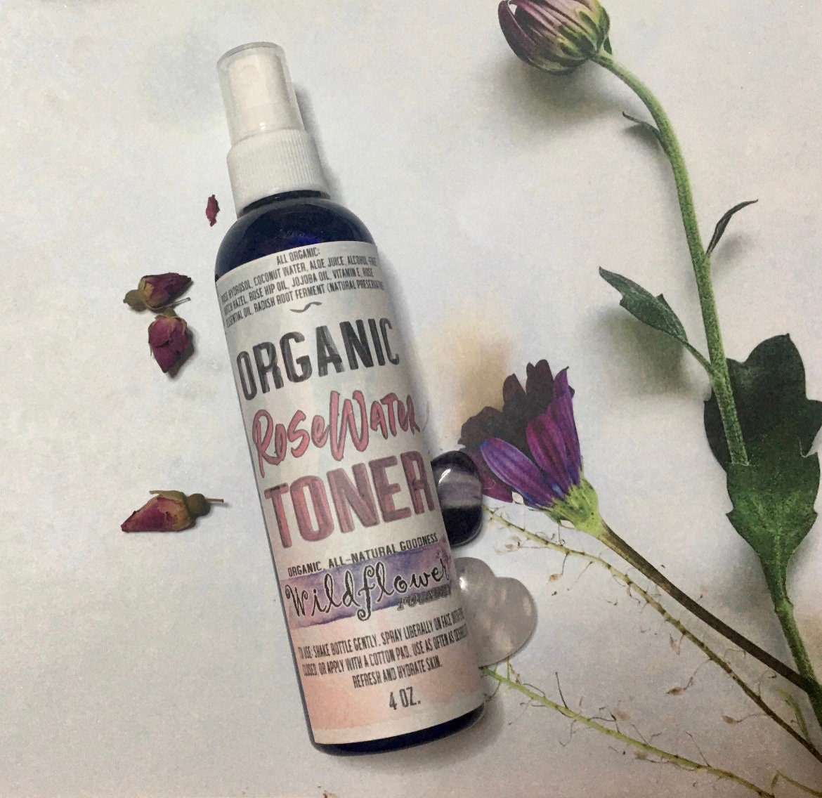 Organic RoseWater Toner w/ Rose Hydrosol, Coconut Water, RoseHip Oil | Hydrate, Tone, Refresh Facial Skin