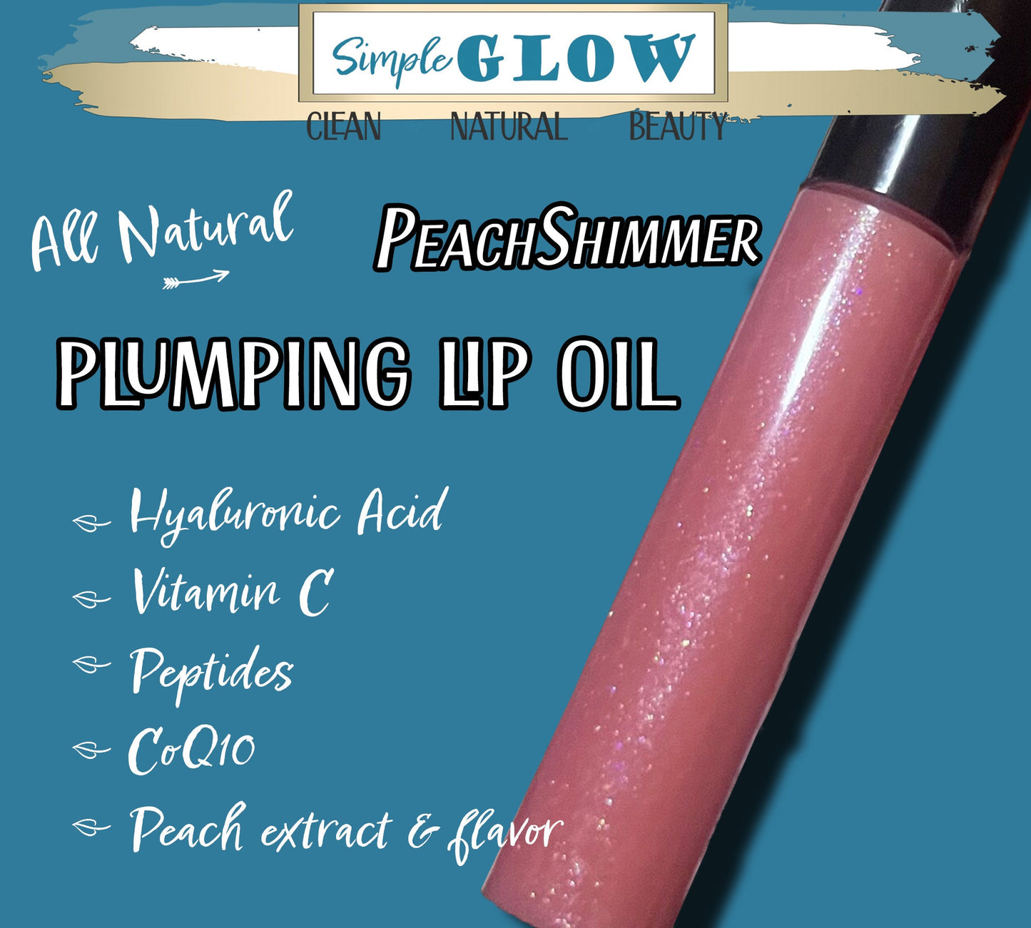 PeachShimmer Plumping Lip Oil w/Vitamin C, HyA, CoQ10 - All-Natural High-Gloss Lip Plump & Moisturizer