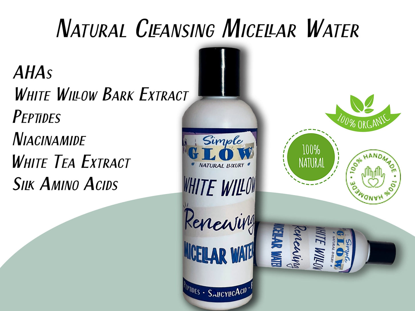 Willow Micellar Water- AHA Salicylic Face Cleanser w/B3, White Tea- Brighten, Exfoliate, Anti-Acne, Aging | Natural Organic Clean Skincare