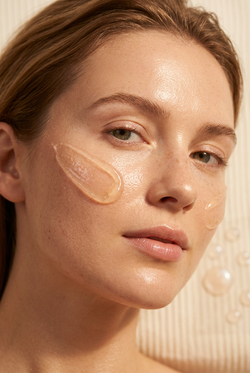 Woman with a swipe of vitamin C gel serum on her cheek