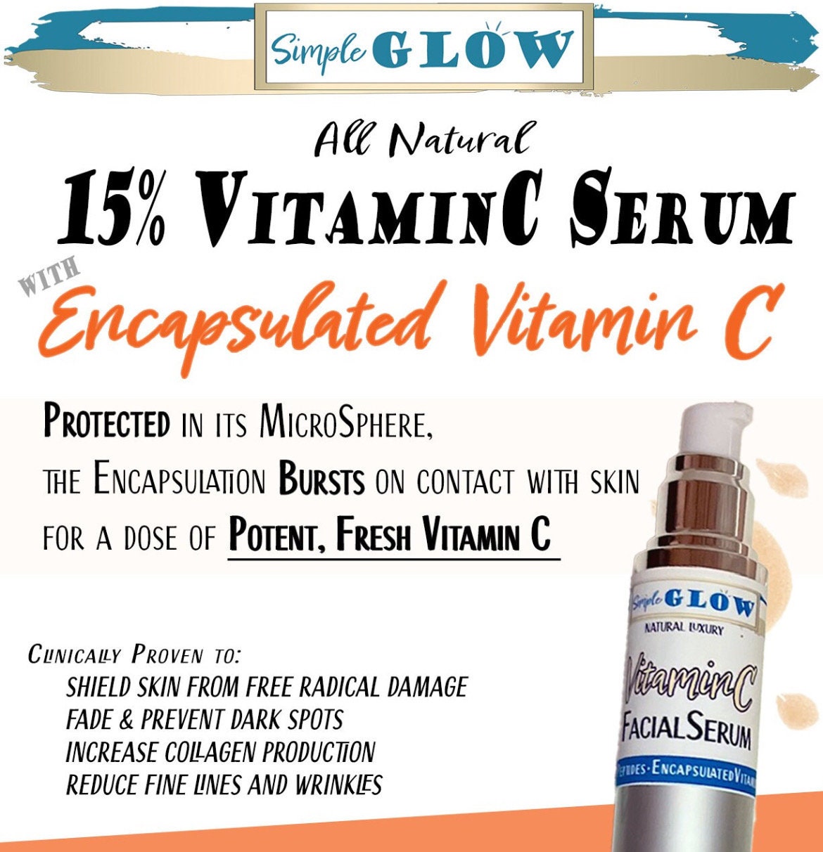 15% Vitamin C Facial Serum w/ Encapsulated Vitamin C, Peptides, Hyaluronic Acid • Anti-Aging, Brightening, Hydrating