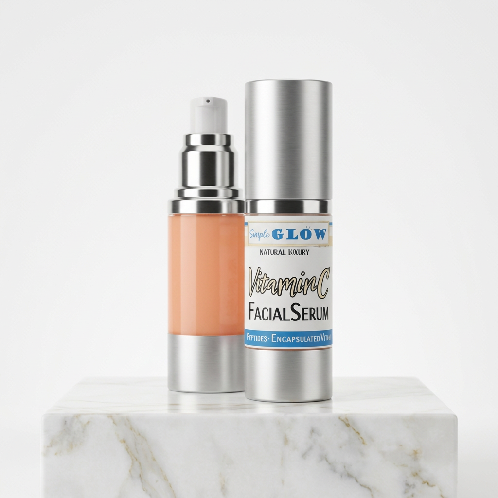 Simple Glow Bright 15% Vitamin C Facial Serum in airless pump bottles on a marble block