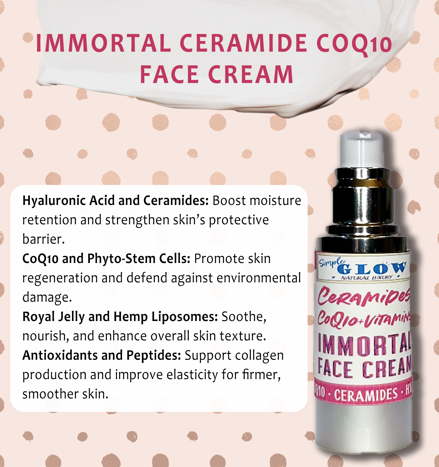 Immortal Ceramide CoQ10 Face Cream bottle with product details on a polka dot background