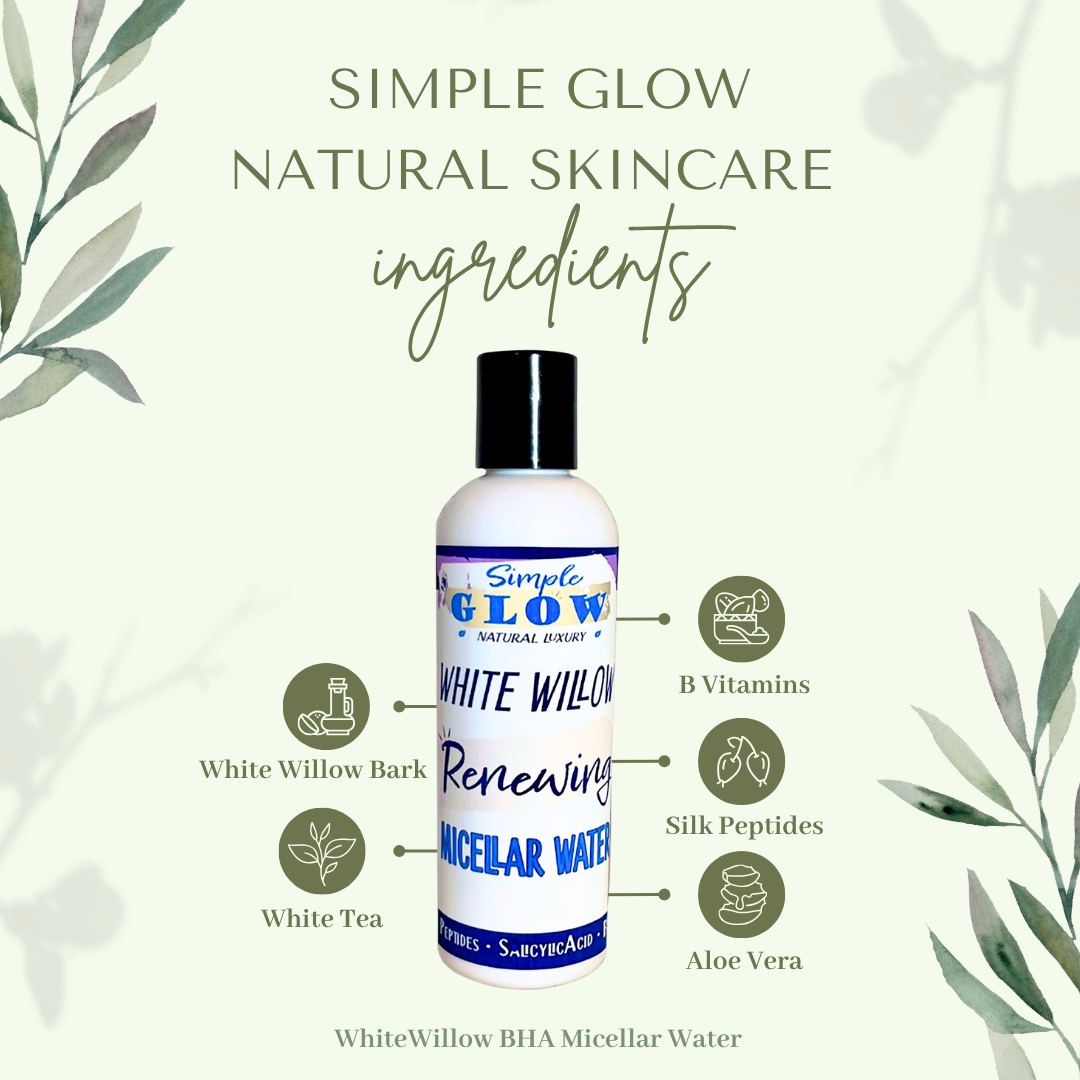 Bottle of Simple Glow White Willow Renewing Micellar Water with natural ingredients listed on a light background.
