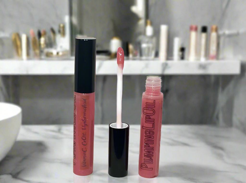 PeachShimmer Plumping Lip Oil w/Vitamin C, HyA, CoQ10 - All-Natural Plumping Lip Gloss