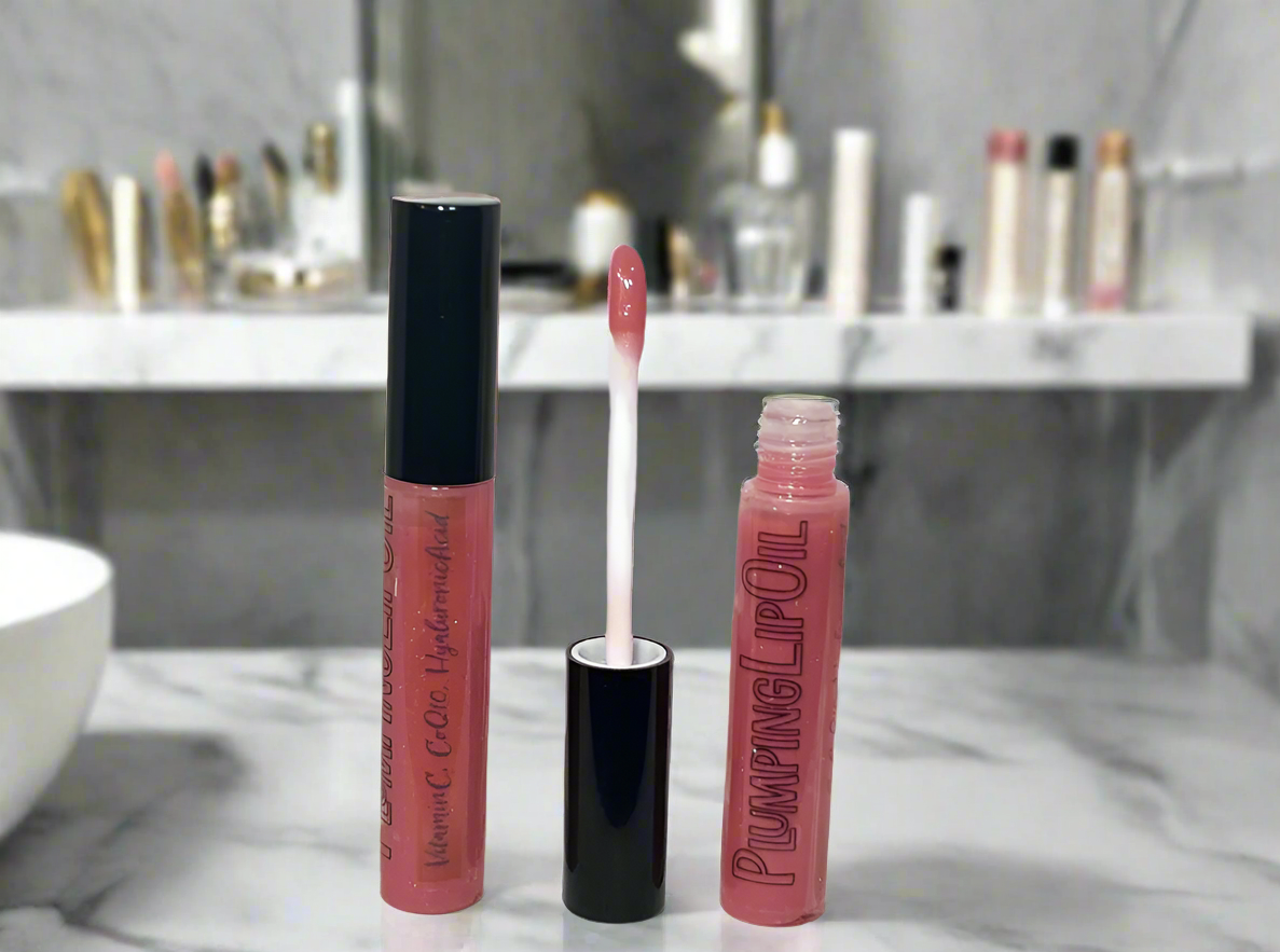 PeachShimmer Plumping Lip Oil w/Vitamin C, HyA, CoQ10 - All-Natural Plumping Lip Gloss