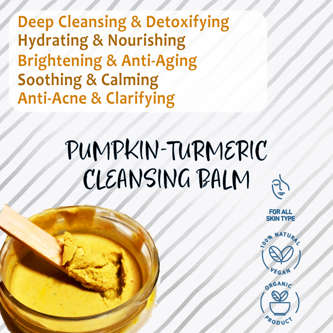 Pumpkin-turmeric cleansing balm with text highlighting benefits on a white background