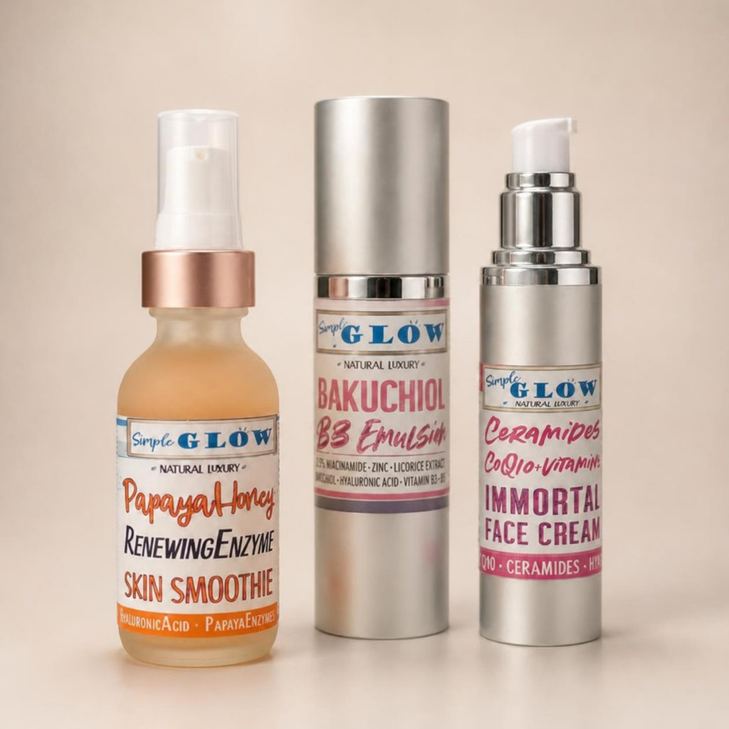 Skin Cycling Kit by Simple Glow: Papaya-Honey Skin Smoothie, Bakuchiol-B3 ClearSkin Emulsion and IMMORTAL Face Cream