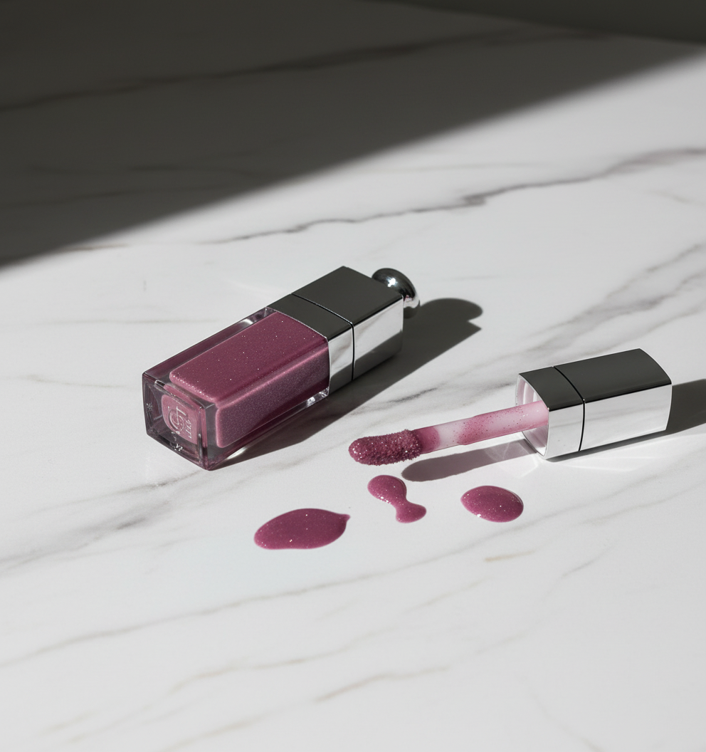 Pink lip gloss with application on a white background