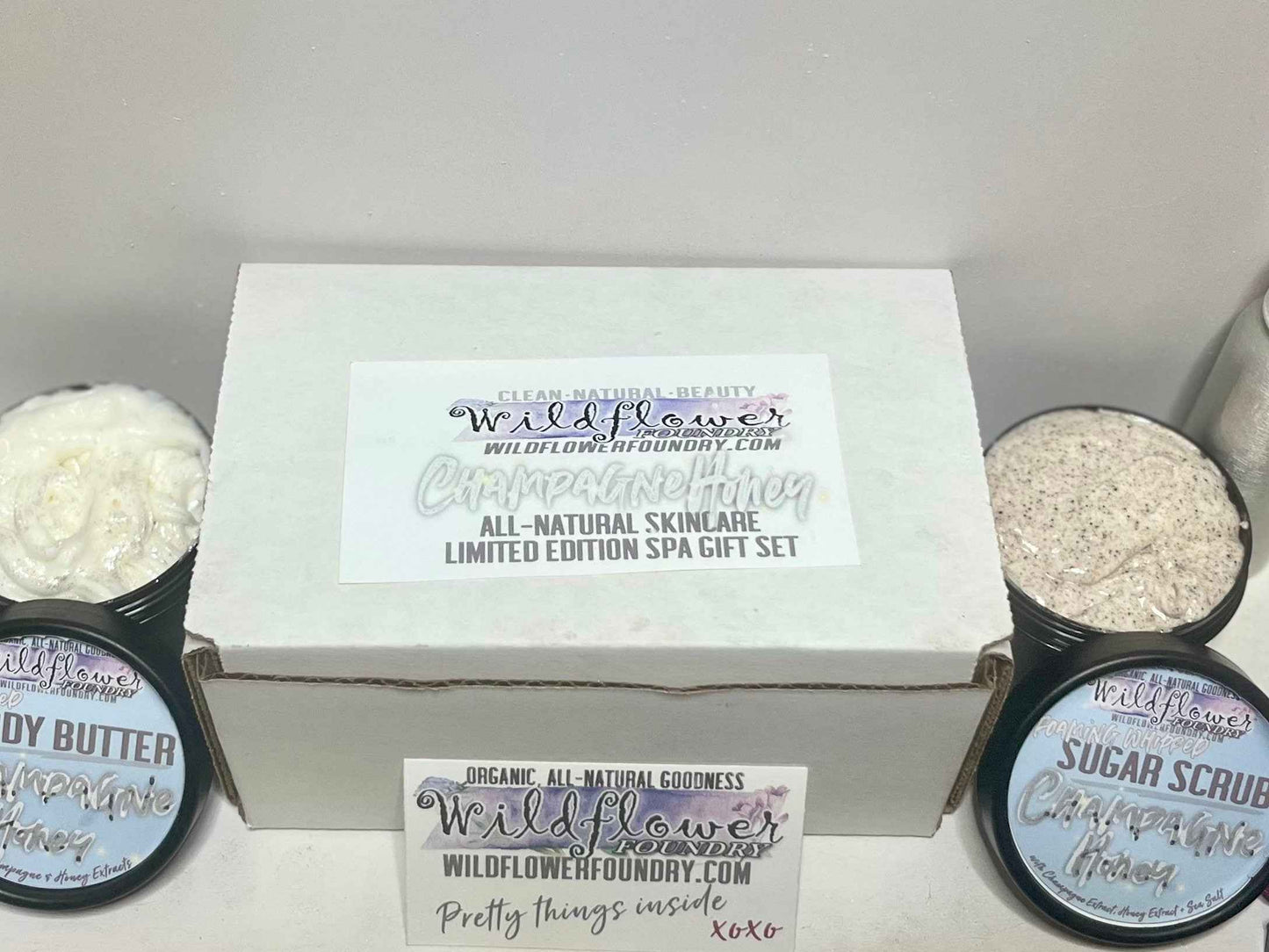 CHAMPAGNE HONEY Skincare Spa Gift Set: Body Butter, Scrub, Candle, Bath Salts+Melts | Organic All-Natural Skincare | Beautiful Gift Package